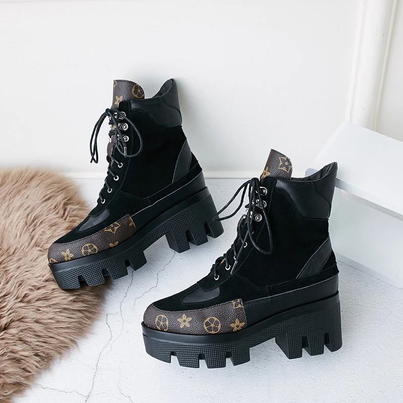 

New Botines Mujer Thick Platforms Block High Heels Women Boots Motorcycle Lace Up Ankle Boots Patcwork Round Toe tenis feminino