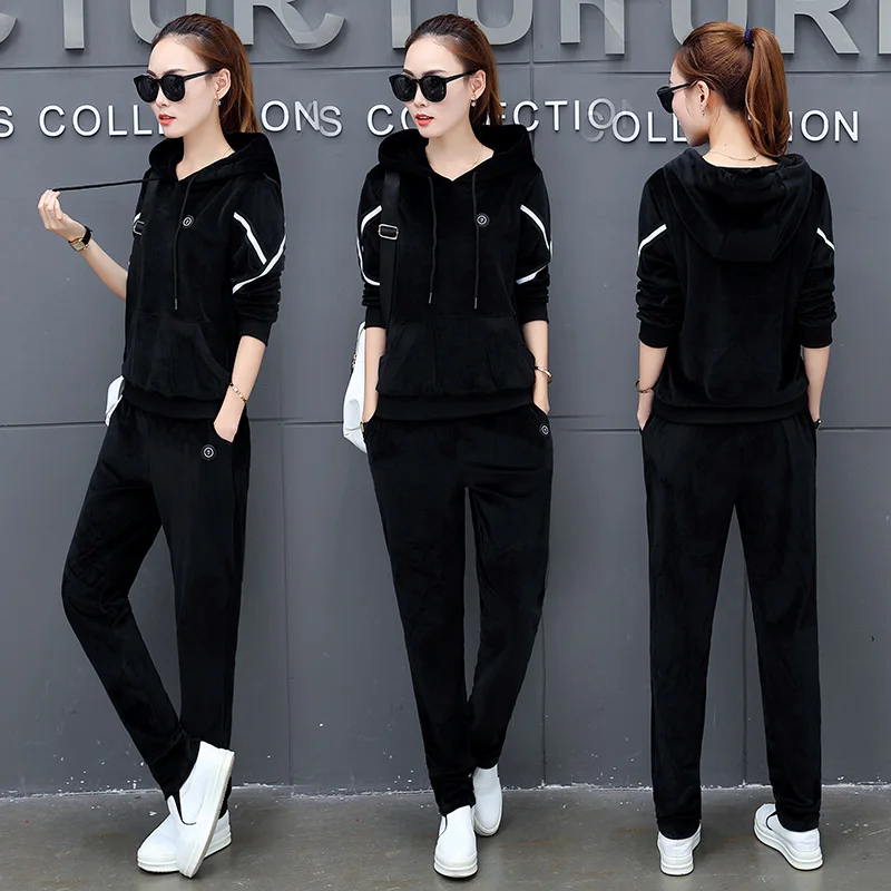 

Thicken Gold Velvet 2 Pieces Sets Women 2018 Autumn Winter Hooded Hoodies + Long Pants Tracksuits Woman Casual Sporting Suits