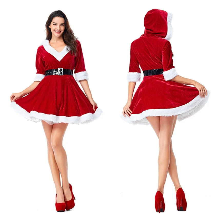 

Christmas Sexy V-neck Women Tutu Dress Santa Claus Halloween Costumes Cosplay Red New Year Party Dresses for Woman Clothing Set