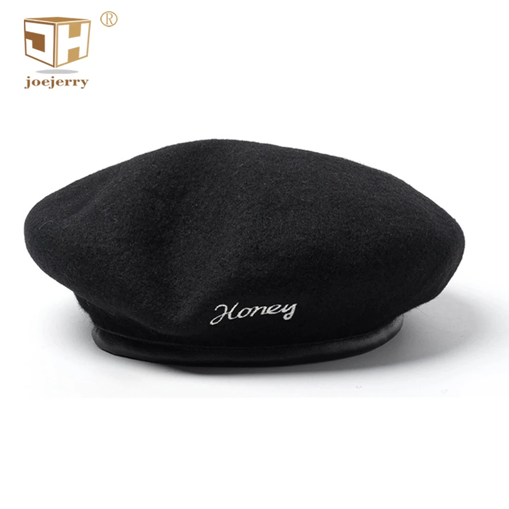 joejerry Wool Beret Black Leather Flat Cap French Hat Embroidered Beret Female Lletter Hat Women Winter 2018 New