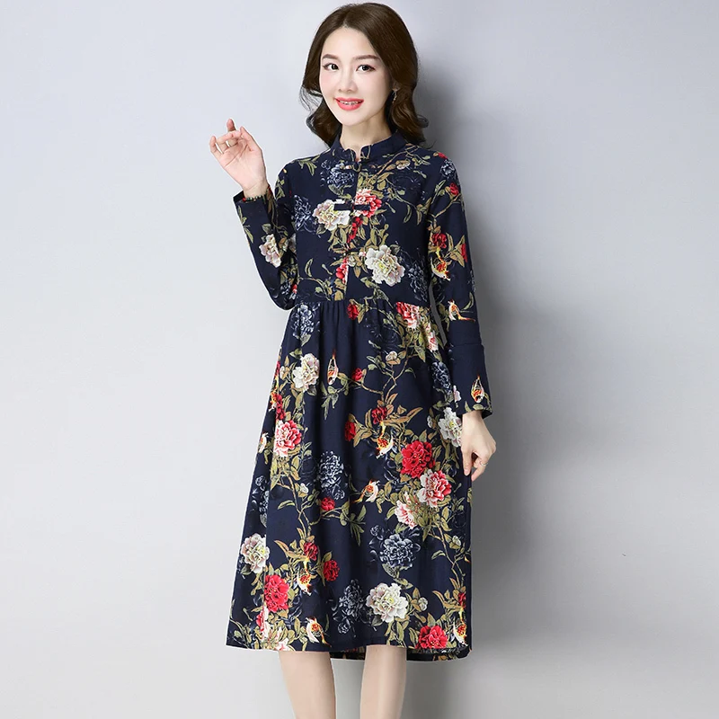 

Spring Autumn Floral Print Dress Women Vintage Casual Cotton Linen Knee-Length Dresses Long Sleeve Vestidos