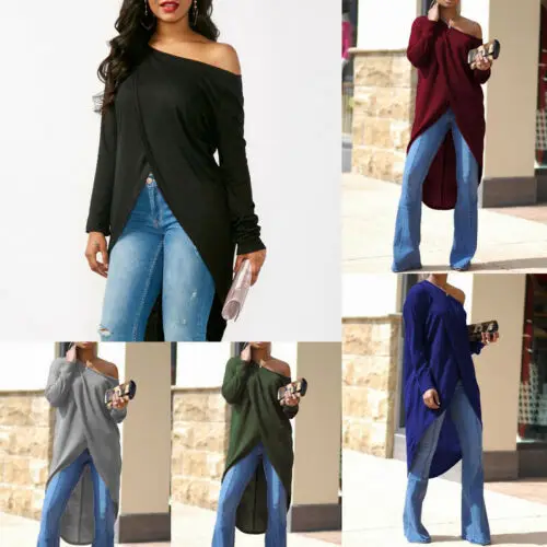 

Fashion Women Summer Long Sleeve Loose Casual split T-Shirt Skew Neck Tops Ladies Slash Neck Cotton Long Tees Shirts Female