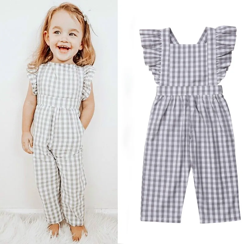 

2019 Summer Baby Kids Girls Jumpsuits Bodysuits Ruffles Short Sleeve Plaid Jumpsuit Toddler Baby Girls Clothing Children Clothes