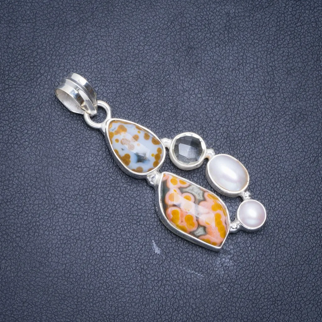 

Natural Ocean Jasper,River Pearl and Green Amethyst 925 Sterling Silver Pendant 1.75" A0468