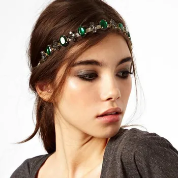 

Fashion Charming Rhinestone Green Gems Handmade Elastic Headband HairBand Wedding Hair Jewelry For Women