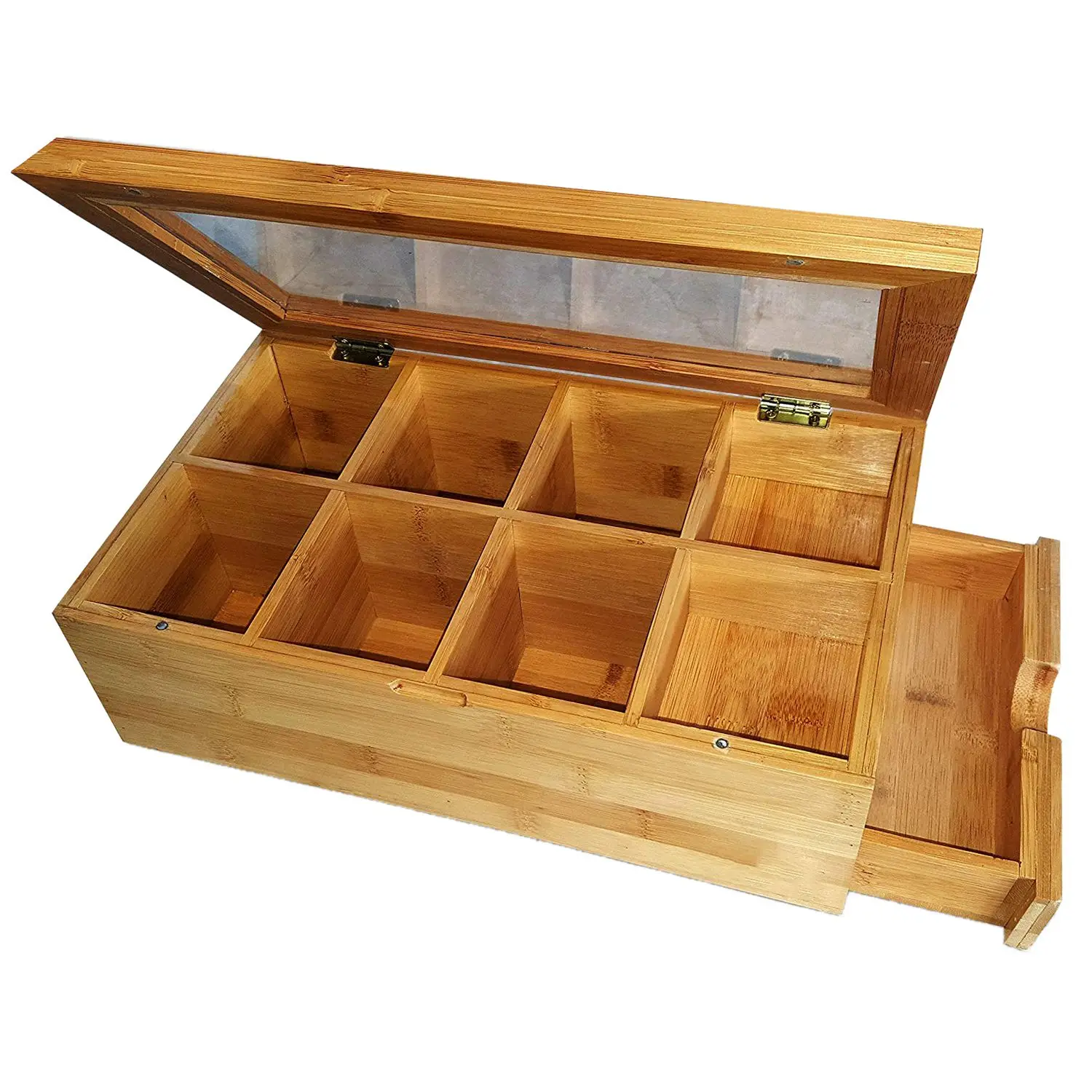 

LUDA Tea Box Natural Chest with Clear Hinged Lid, 8 Storage Sections with Expandable Drawer