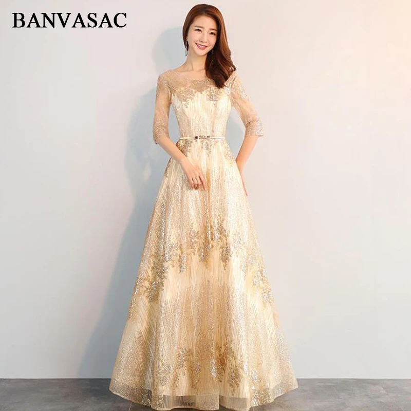 

BANVASAC Illusion O Neck Sequined Appliques A Line Long Evening Dresses Elegant Party Metal Sash Backless Prom Gowns