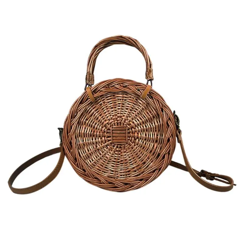 

Ladies Retro Summer Beach Round Straw Handbags Wicker Woven Women Circle Messenger Crossbody Shoulder Bags Handmade Small Totes