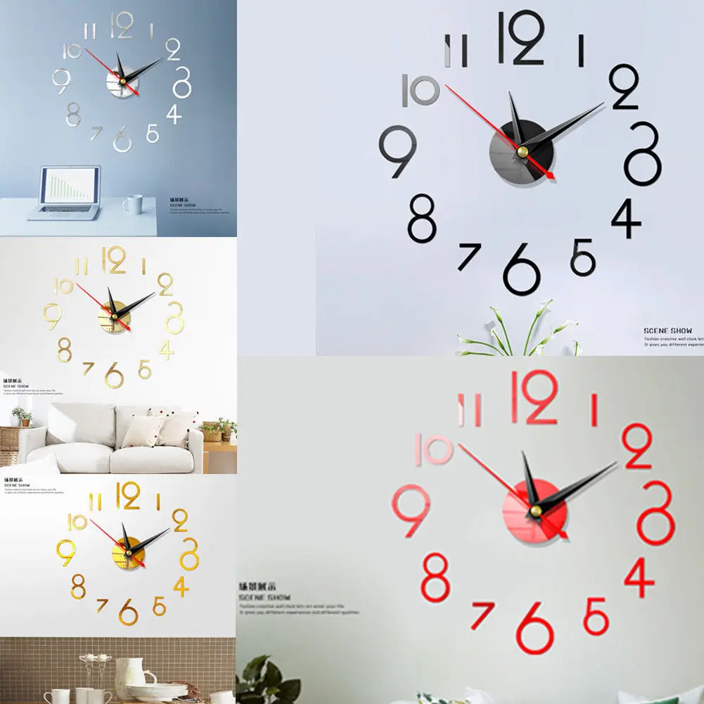 

Large DIY Number Wall Clock 3D Mirror Sticker Modern Home Office Decor Art Decal