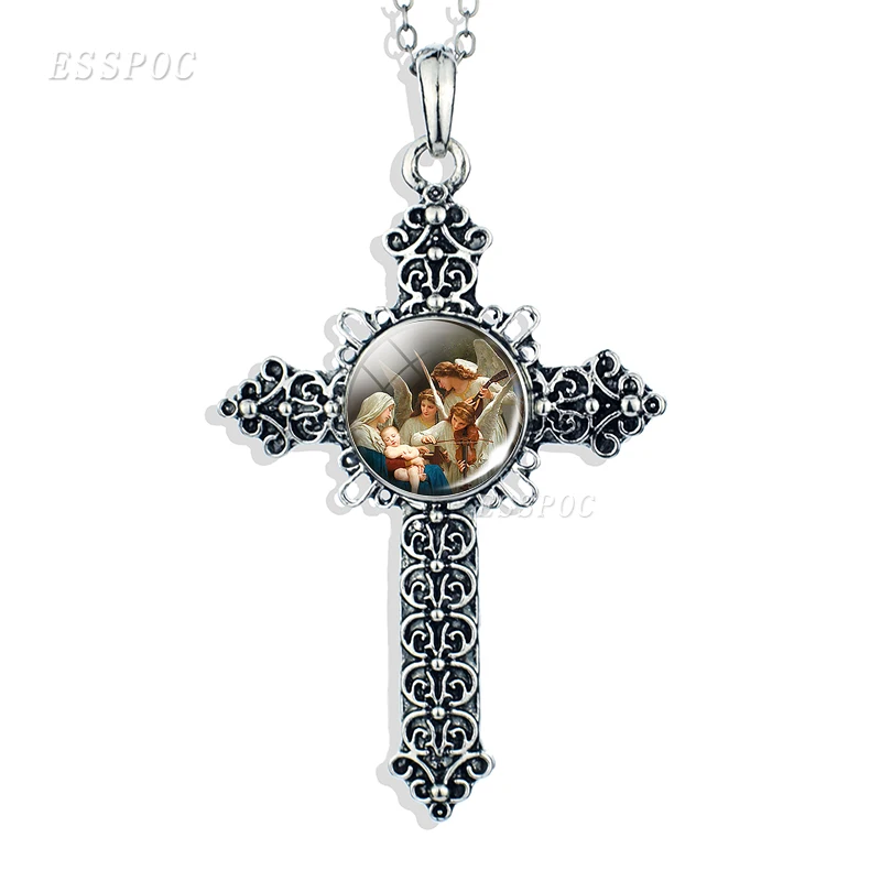 Ожерелье в виде креста Сына Божия Иисуса, бижутерия со стеклянными кабошонами, ангел, христианская Дева Мария, серебряная подвеска в виде лап, подарки для женщин