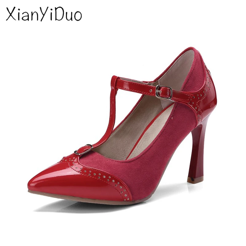 Xianyiduo 2019 Spring women's Shoes Pointed toe super high heels Pumps Retro plus size 34-48 red Beige T-Strap/ 564