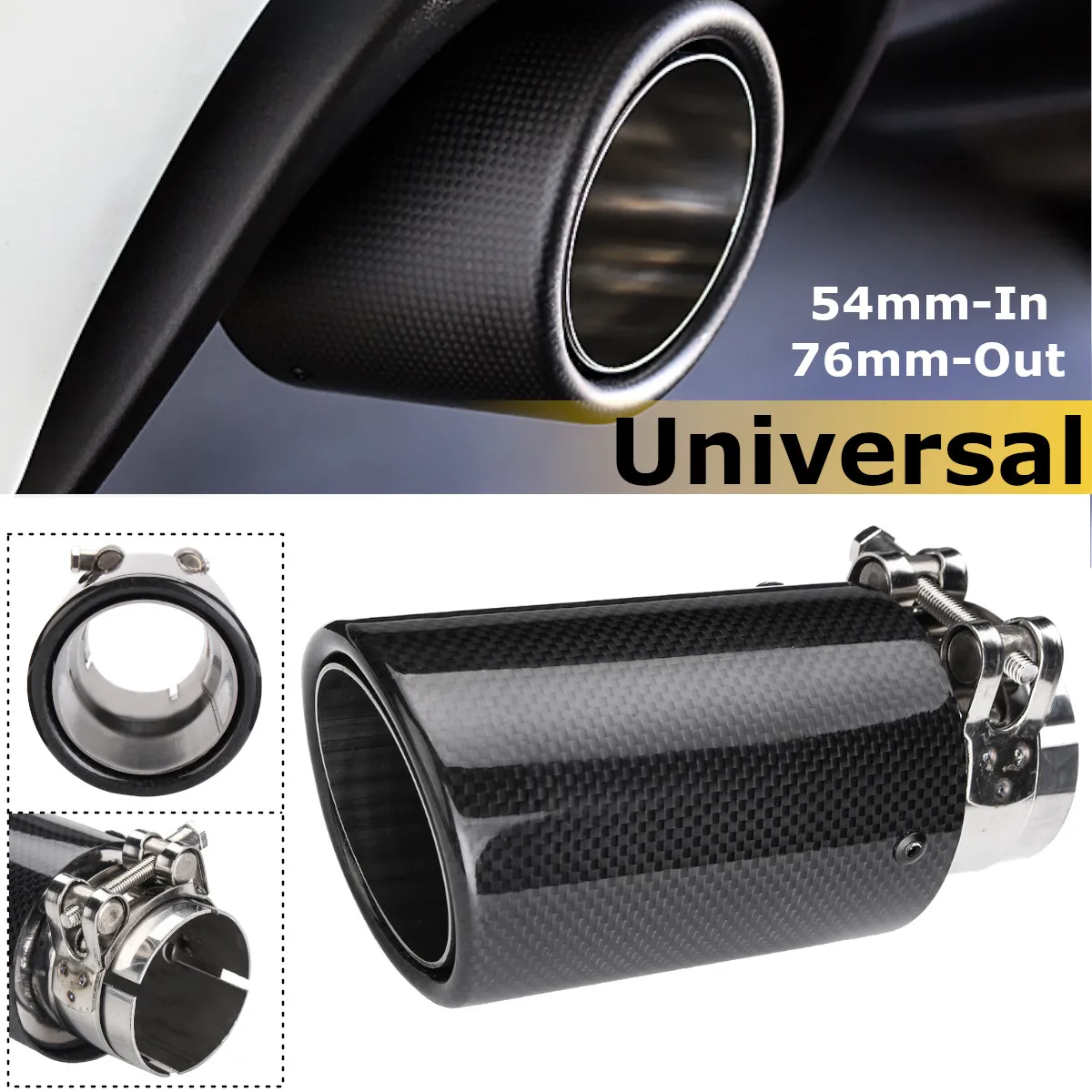 

2inch 54mm-In 76mm-Out Glossy Carbon Fiber Car Exhaust Tip Pipe Muffler Universal