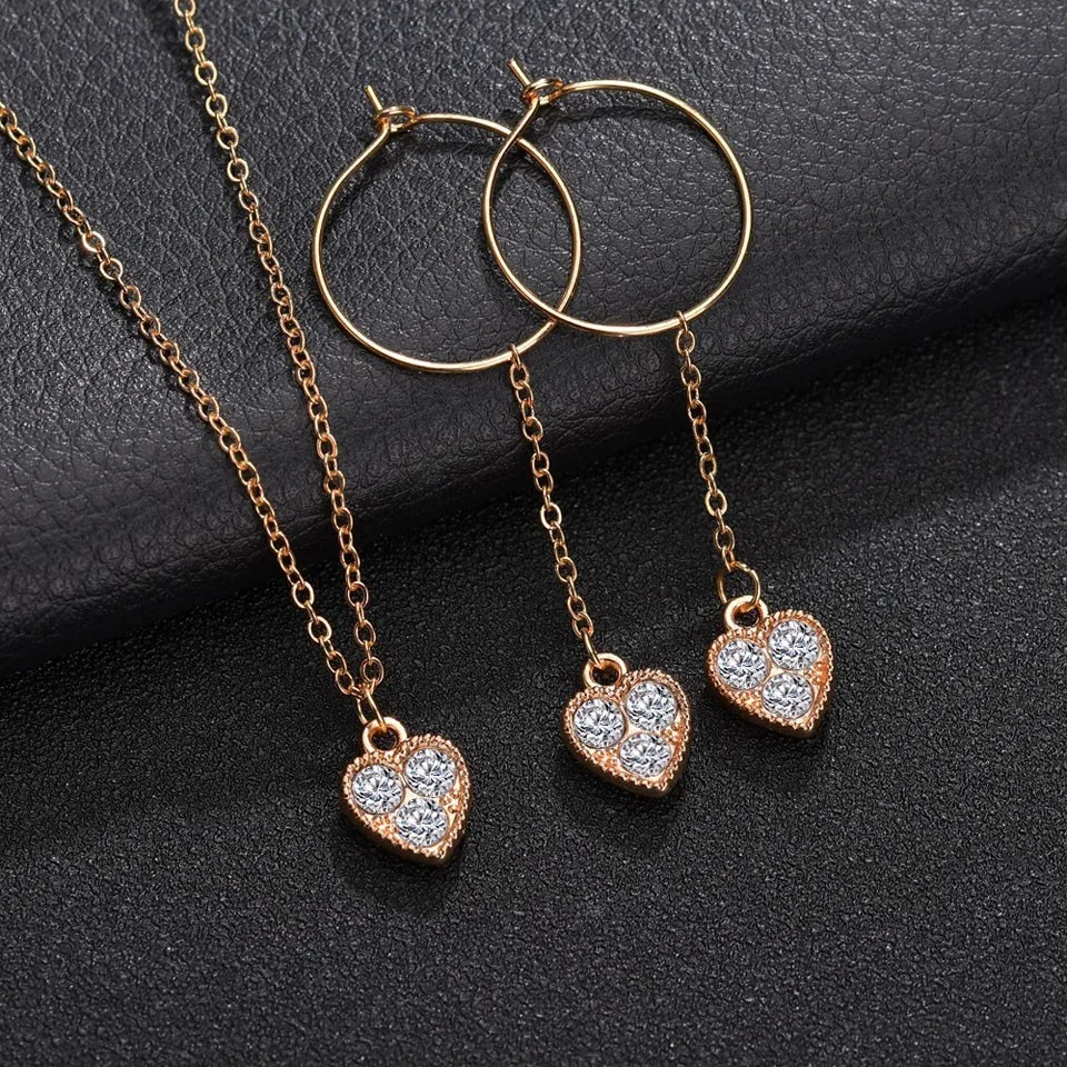 

YANGQI 2019 Trendy Earrings&Necklace Set Female Heart Design With 3 shinning Rhinestone Romantic Wedding Jewelry Sets For Women