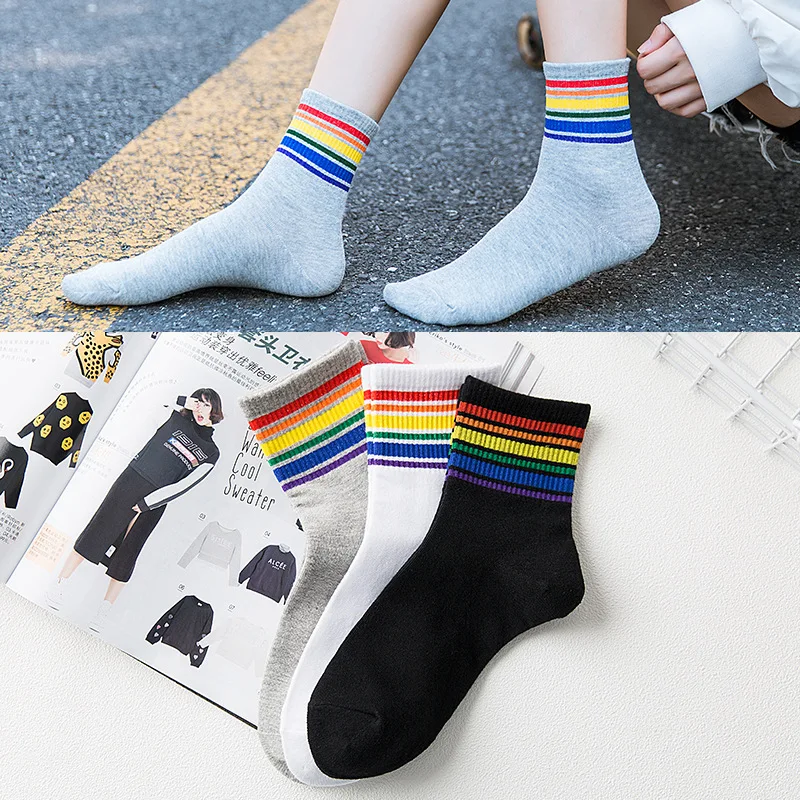 Harajuku Cool Skateborad короткие радужные носки женские модные белые хлопковые