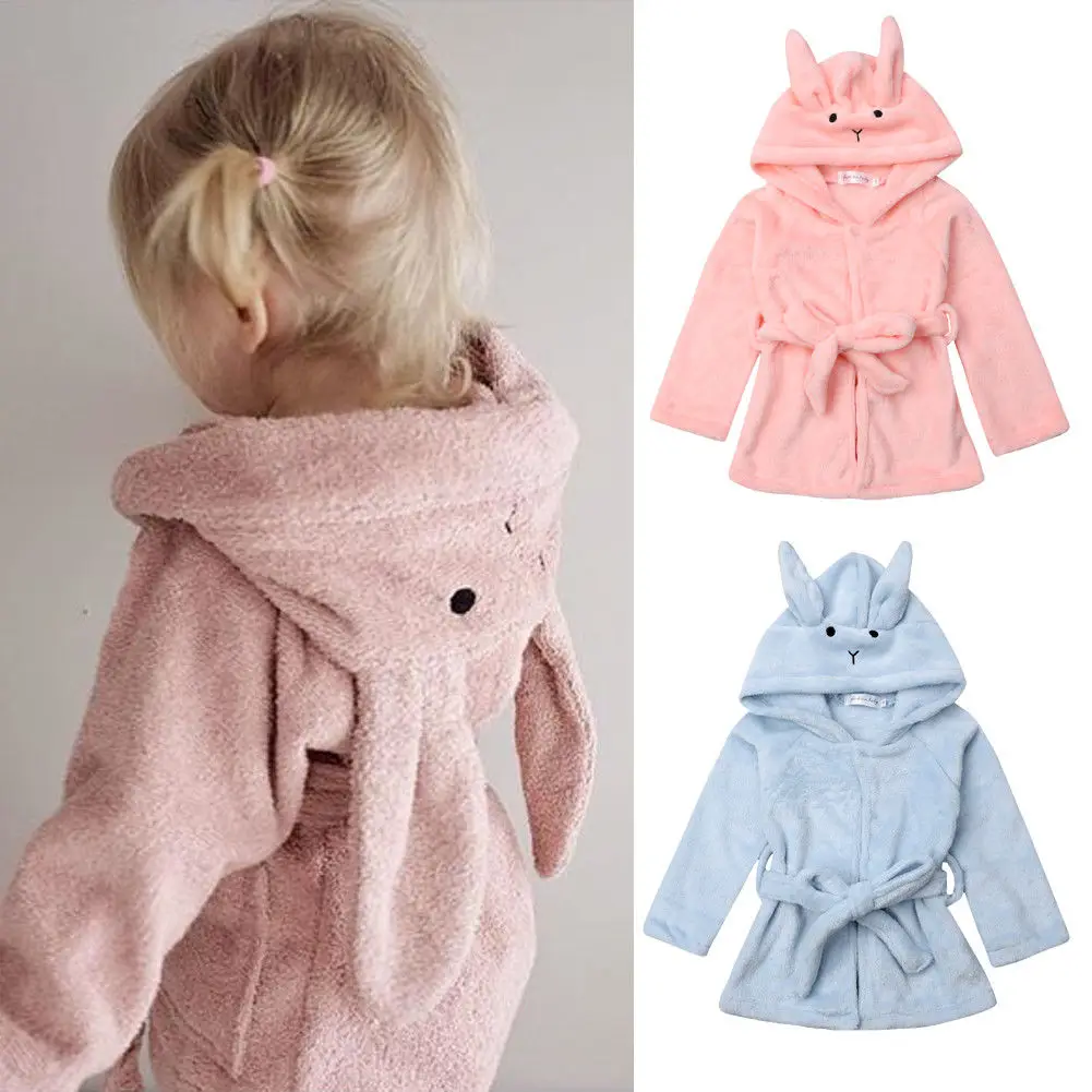 Kids Boy Girls Rabbit Bathrobe Terry Hooded 3D Ear Bath Robe Gown