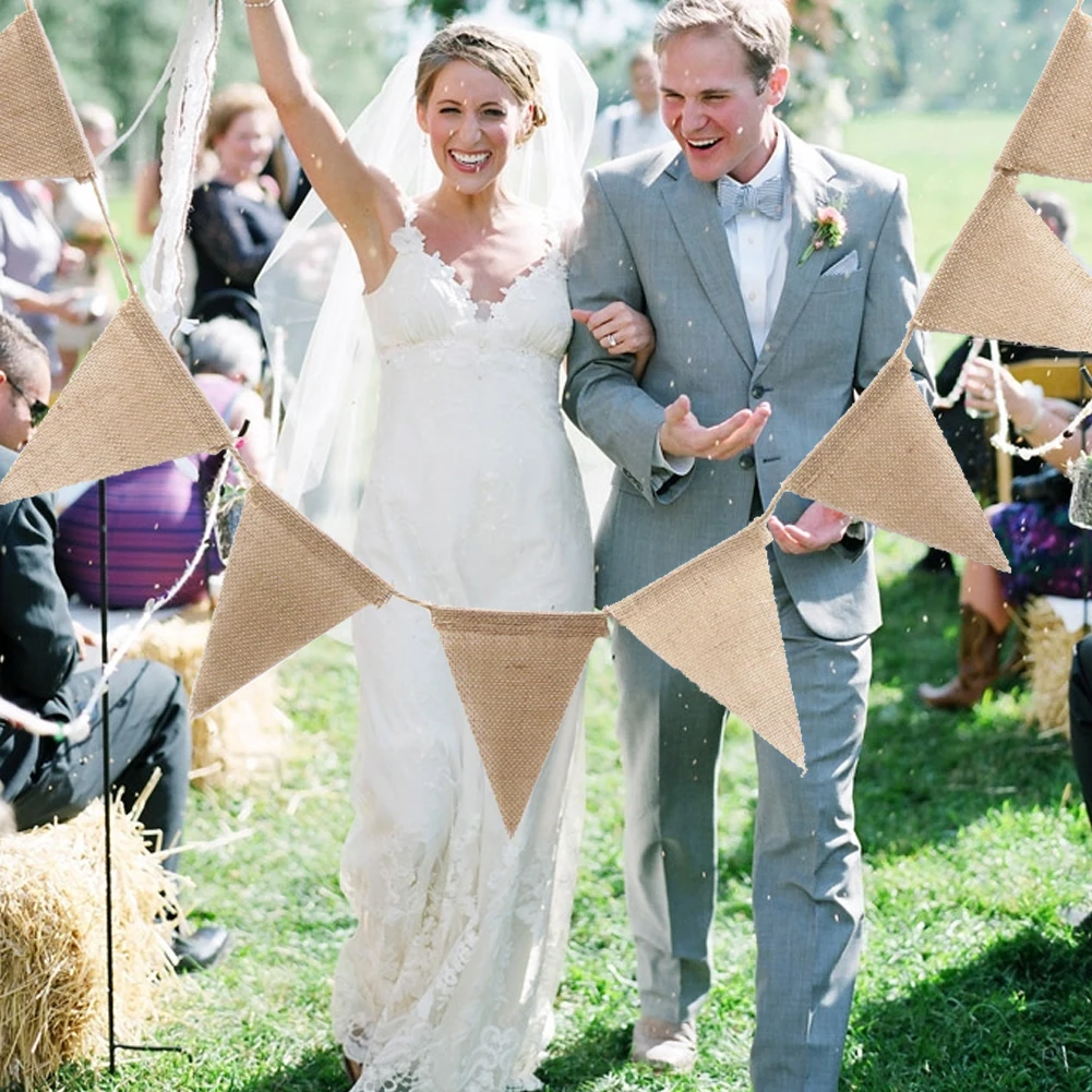 

13pcs Jute Rope Fabric Bunting Banner Flags Vintage Wedding Party Burlap Banners Rustic Wedding Decoration Cent