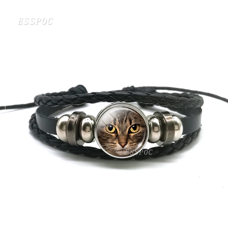 

Cat Head Bracelet Glass Dome Snap Black Button Multi-layer Leather Bracelet Steampunk Animal Jewelry Handmade Men Women Gift
