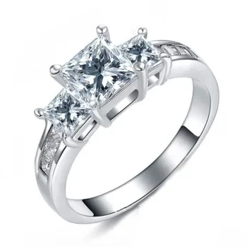 

Huitan Wedding Ring with Three-stone Design Brilliant CZ Prong Setting Silver Plated Lover Gift Engagement Rings for Women