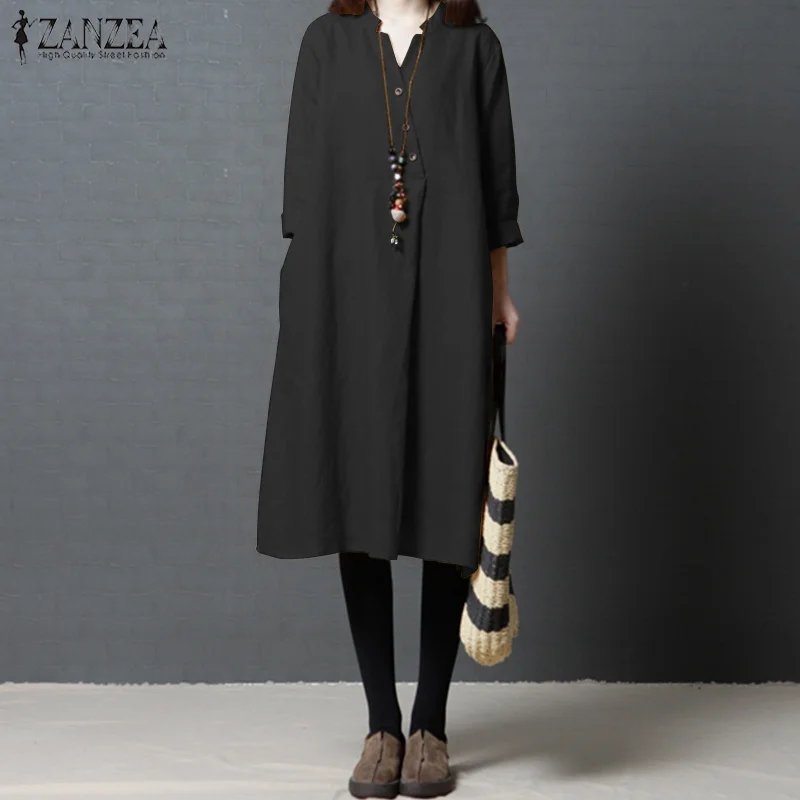 

ZANZEA Women Vintage V Neck Long Sleeve Loose Long Shirt Vestido Cotton Linen Dress Spring Female Solid Casual Sundress Robe