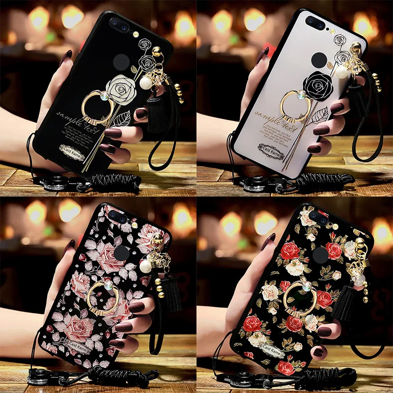 

1+6T Ring Bracket Embossed Phone case For Oneplus 6T 5T Soft TPU Shell Protective Case For Oneplus 5 1+5T 1+5 Cover With Lanyard