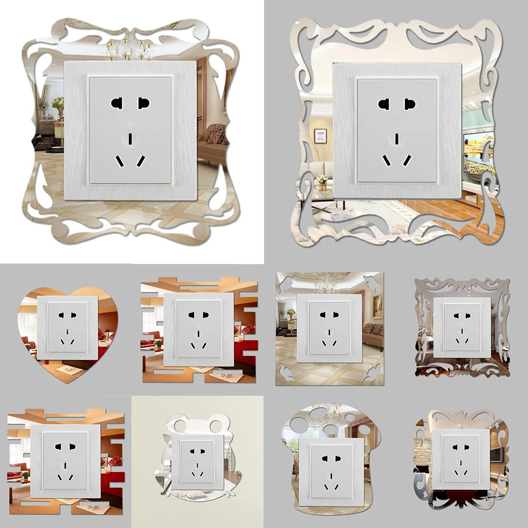 4Pcs Silver Acrylic 3D Mirror Light Switch Surround Wall Stickers For
