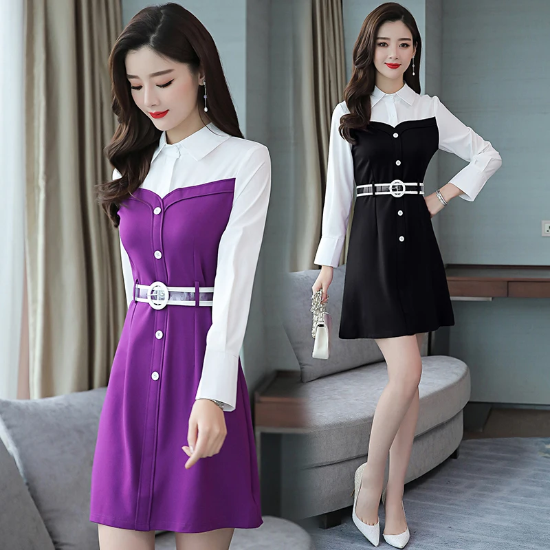 

new women's clothing Korean fashion 2019 spring dress long sleeve dresses vestido lady office clothes with belt slim patchwork