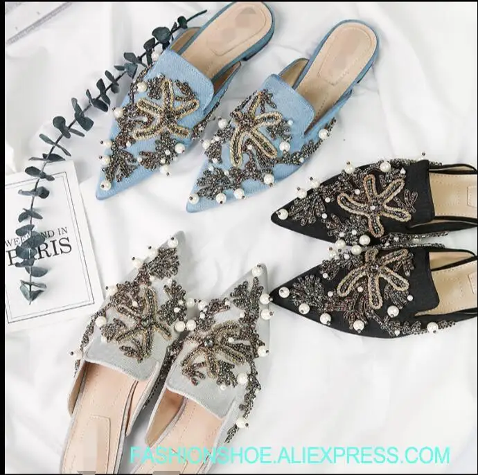 

high quality INS summer woman Sequin Starfish Embroidery Slacker slippers pointed toe out door pearls beading flat Mules slides