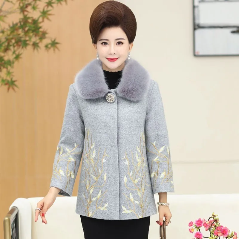 

Autumn Winter Coat Women Embroidery Wool Blend Coat Long Casual Elegant Fur Collar Outwear Woolen Coat Femme Plus Size 5XL
