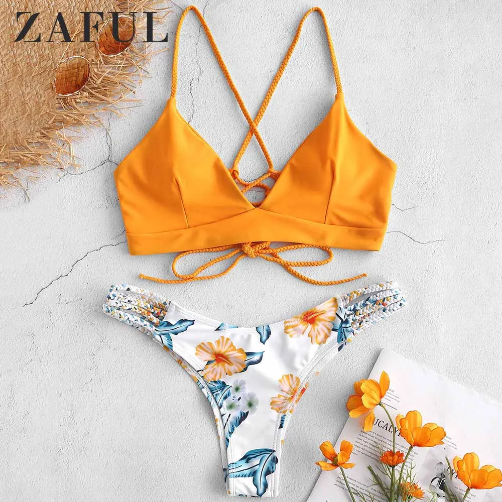 

ZAFUL Braided Strap Flower Bikini Set Spaghetti Straps Wire Free Lace up Low Elastic Waisted Swim Suit Women Summer 2Pieces Sets