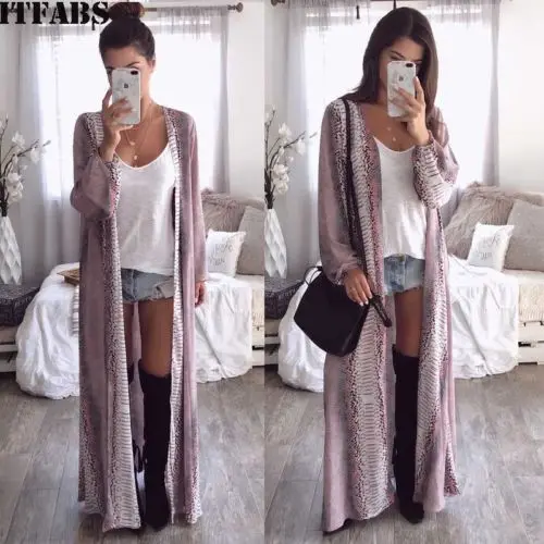 

2019 Fashion New Hot Women Long Sleeve Snake Chiffon Cardigan Boho Outwear Jacket Coat Tops Gown