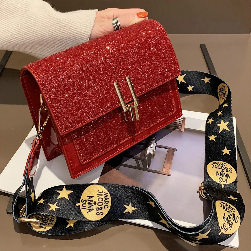 

Women's bag, women's small square bag,2019 new wide shoulder strap hose line celebrity single shoulder bag fashion