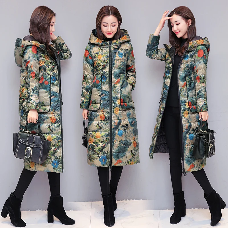 Beste Vrouwen Hooded Print Down Jas Winter Mode Winddicht Losse Bovenkleding Plus Size Warm Wit Eendendons Gedrukt Lange Jas PJ326