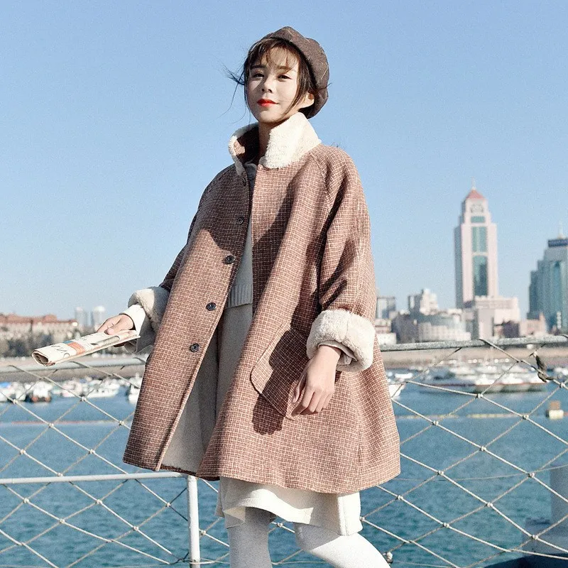 Mode 2018 Nouveau Montant En Agneaux Manteaux Élégant De Col Plaid Kaki Laine Automne Survêtement Manteau Femmes Hiver Cachemire Long uOXPZki