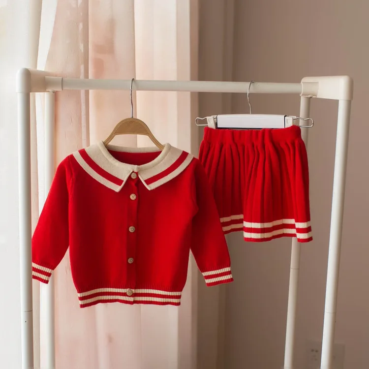 Новинка года, Весенняя детская одежда вязаный кардиган свитер плиссированная юбка комплект из 2 предметов для девочек, костюм для колледжа костюм для девочек