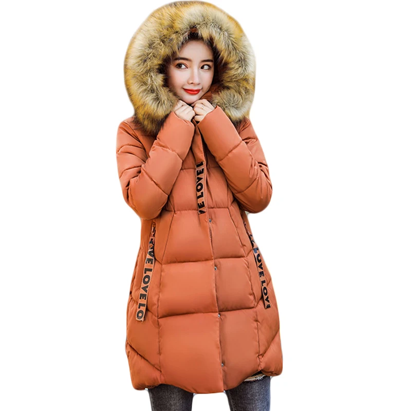 

2018 Fur Collar Winter Coat Women Black Hooded Cotton Padded Jacket High Quality Letter Long Outwear Plus Size Warm Parka PJ264