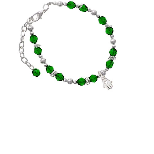 Silvertone Small Heart Hamsa Hand Green Beaded Bracelet |