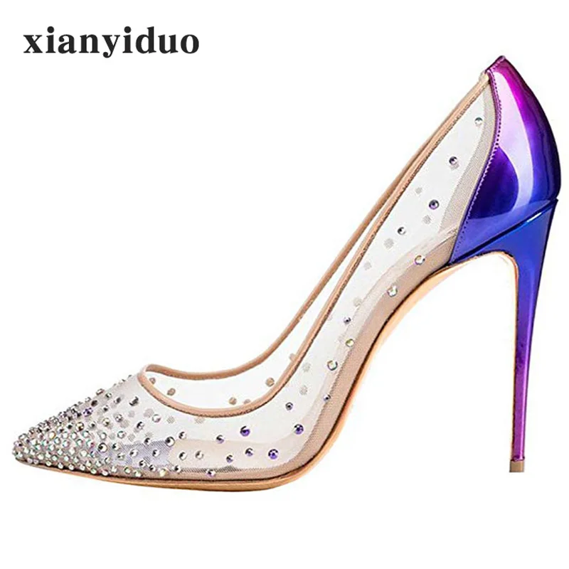 

2019 new fashion Spring/Autumn Women's Shoes Pointed Toe super high heels sexy Pumps big size 40-45 Rivet bling Fretwork