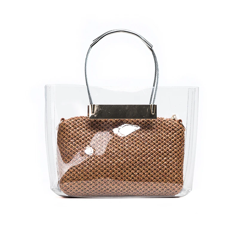 

Telastar Composite Bag Metal Chain Crossbody Shoulder Handbag Straw Weave Clutch Bag Transparent PVC Tote Summer Jelly Bag