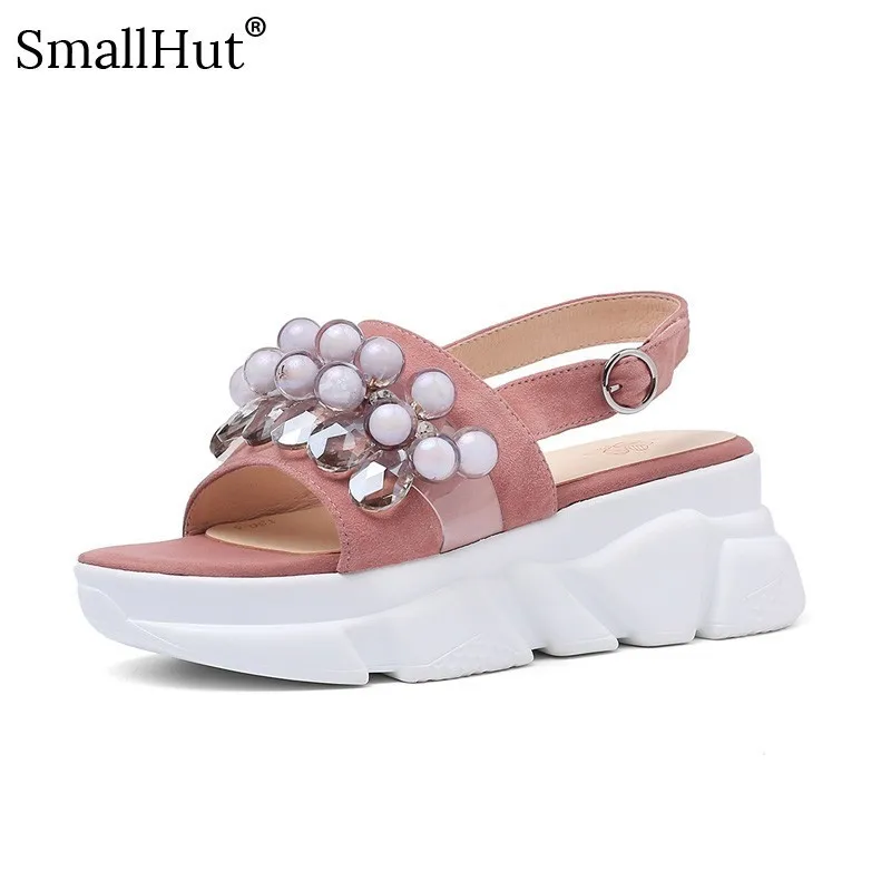 

Women Flat Platform Sandals Nature Suede New Summer Sexy Ladies Buckle Strap Shoes Fashion Beading Women Black Pink Sandals D033