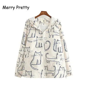 

MERRY PRETTY Japan Harajuku Jacket Mori Girl Outwear New Women Sweet Cute Cat Printed Hooded Long Sleeve Casual Thin Coat Female