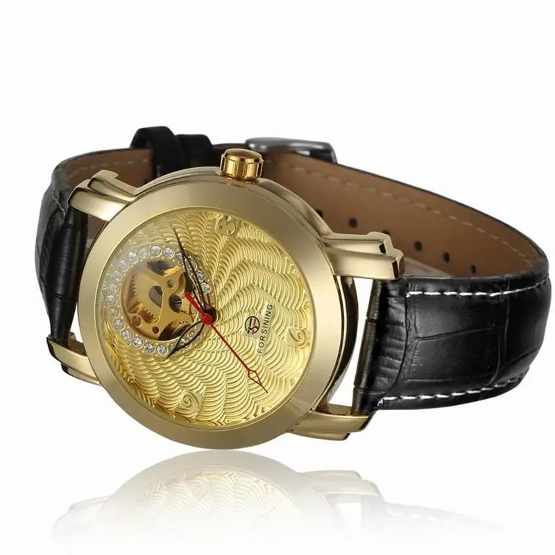 

Forsining Golden Luxury Corrugated Designer Mens Watches Top Brand Automatic Luxury Small Dial Diamond Display Skeleton Watch