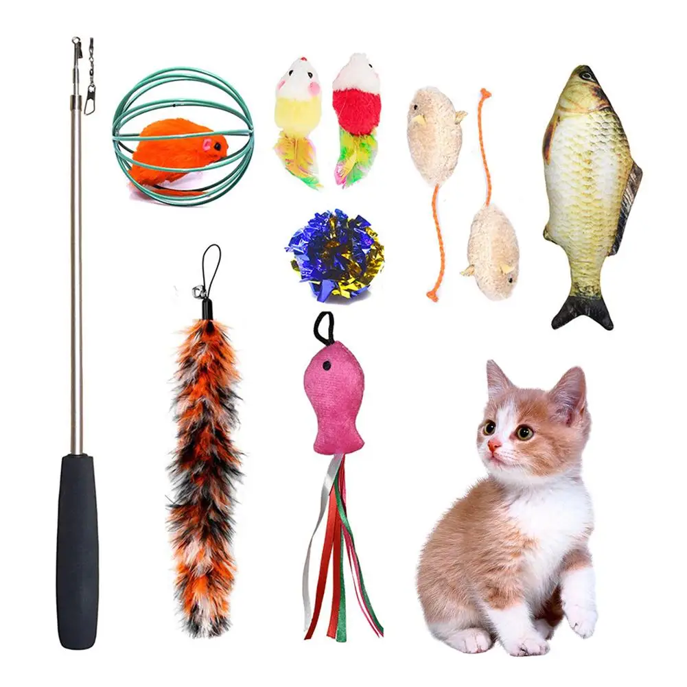 

11 Pieces Pet Cat Toy Set Telescopic Feathers Cat Teaser Mouse Shape Toy Fish Mouse Feather Flower Mouse To Relieve Stress