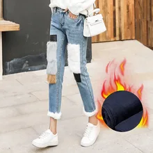 CTRLCITY аппликации бархат размера плюс высокая Талия синие джинсы для женщин зимние Флисовые женские джинсовые штаны винтажные брюки