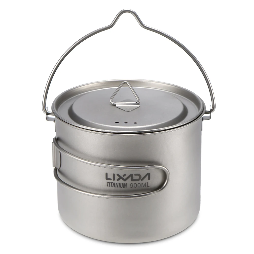 

Lixada 900ml/1600ml Titanium Pot Cup Hanging Camping Pot Portable Water Cup with Lid Foldable Handle Outdoor Picnic Tableware