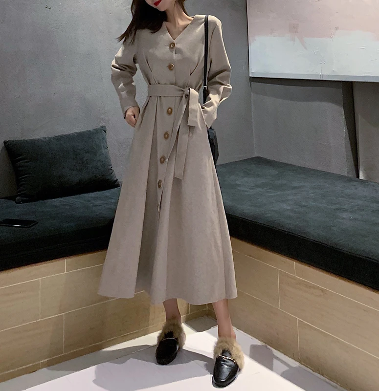 

New Women dress Single Breasted Woolen Full Sleeve Slim V-Neck Fold Long In Waist Dresses Apricot 1237