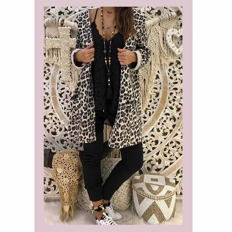 

Fashion Women Lady Leopard Long Coat Loose Outwear Kimono Jackets