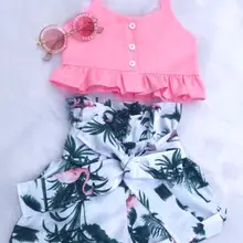 Детский жилет с цветочным принтом для маленьких девочек с изображением фламинго, США, укороченный топ, короткие штаны, комплект одежды