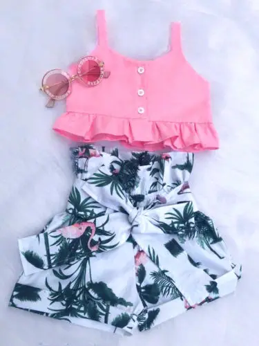 

US Stock Flamingo Kids Baby Girl Floral Vest Crop Top Short Pants Outfit Clothes