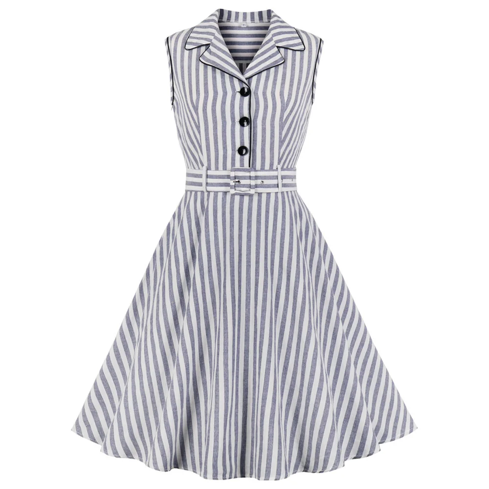 

Audrey Hepburn Retro Dress Women Stripe Belt A-Line Party Dress Summer Sleeveless Vintage Rockabilly Vestidos Mujer