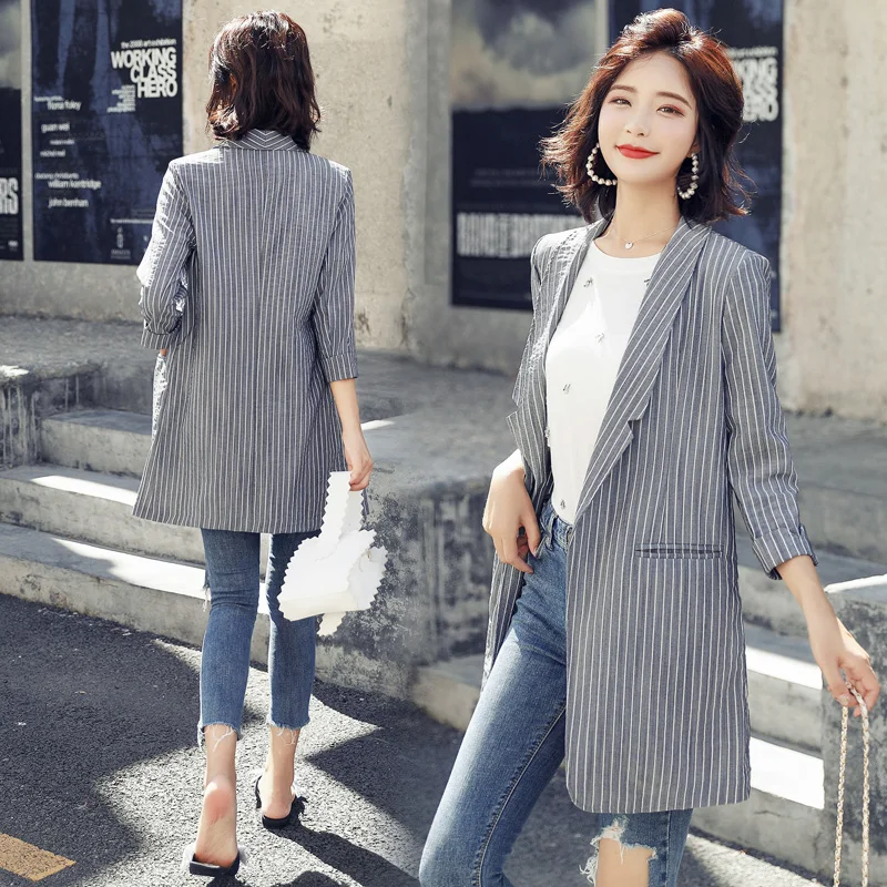2019 Striped Jacket for Women Summer Wear Female Casual Style Breathable Coat Half Sleeve Blazer Tops Outwear 2019 Striped Jacket for Women Summer Wear Female Casual Style Breathable Coat Half Sleeve Blazer Tops Outwear